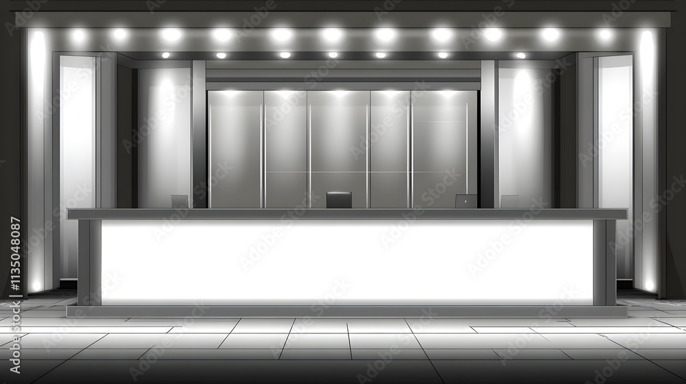 Modern reception desk setup office space digital art minimalist design wide angle business environment Modern reception desk setup office space digital art minimalist design wide angle business environment
