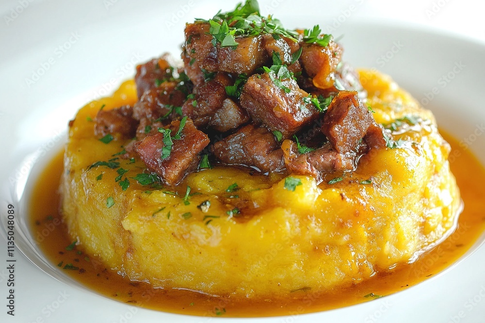 A plate of Puerto Rican mofongo (mashed plantains) topped with garlic sauce and crispy pork, garnished with parsley. A plate of Puerto Rican mofongo (mashed plantains) topped with garlic sauce and crispy pork, garnished with parsley.