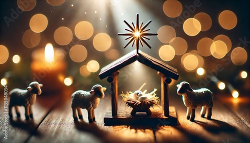 Birth of Jesus Christ - Nativity Scene - Catholic, Jewish Christian, New Testament - Joseph, Virgin Mary birth of Baby Christ Child of God in Stables of Bethlehem with Shepherds - Winter Solstice photo