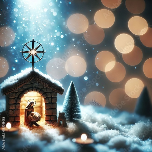 Birth of Jesus Christ - Nativity Scene - Catholic, Jewish Christian, New Testament - Joseph, Virgin Mary birth of Baby Christ Child of God in Stables of Bethlehem with Shepherds - Winter Solstice photo