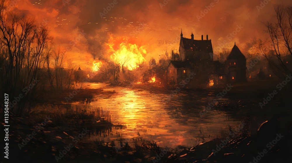 Devastating fire engulfs town riverbank digital art dusk dramatic landscape Devastating fire engulfs town riverbank digital art dusk dramatic landscape