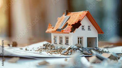 Damaged House Model: A miniature house model with a damaged roof and surrounding debris, symbolizing property damage, disaster, or the need for home repair or renovation.  