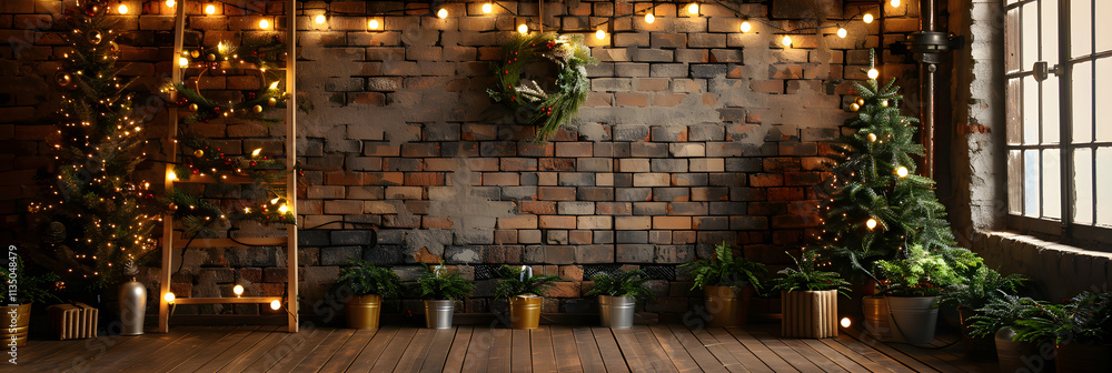 Naklejka premium A Christmas reading corner with a large bookshelf, decorated tree, and soft lighting, perfect for holiday stories