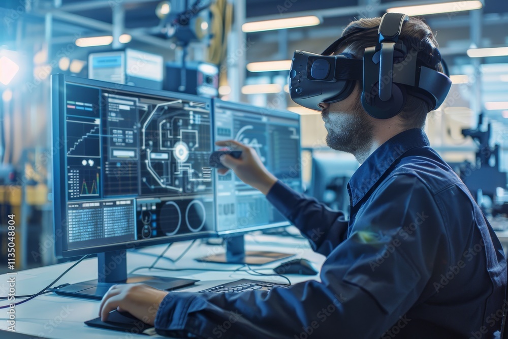 A technician wearing a virtual reality headset observes and manipulates data visualizations on multiple screens within a contemporary work environment. A technician wearing a virtual reality headset observes and manipulates data visualizations on multiple screens within a contemporary work environment.