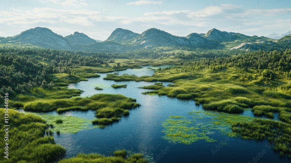 Freshwater lake with healthy, diverse ecosystem Freshwater lake with healthy, diverse ecosystem