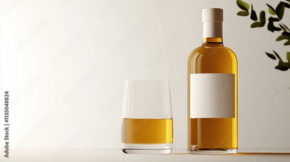 Aquavit bottle and glass showing detailed labeling and golden liquid. Aquavit bottle and glass showing detailed labeling and golden liquid.
