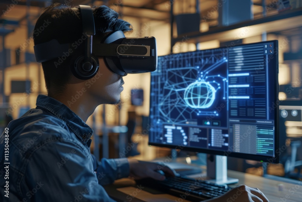 Engaged in a virtual reality experience, a young individual explores a detailed digital interface on a computer screen in a modern work environment at night. Engaged in a virtual reality experience, a young individual explores a detailed digital interface on a computer screen in a modern work environment at night.