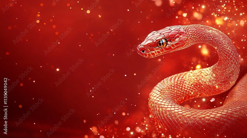 A stunning red snake with golden scales, exuding elegance and mystique, perfect for Lunar New Year celebrations or luxury branding. A stunning red snake with golden scales, exuding elegance and mystique, perfect for Lunar New Year celebrations or luxury branding.