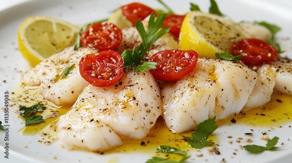 Bacalhau showing tender cod and vibrant garnishes. Bacalhau showing tender cod and vibrant garnishes.