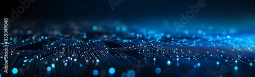 Abstract digital network circuit board background banner with glowing light and connecting data dots in blue and black colors. Big data technology concept, Generative Ai