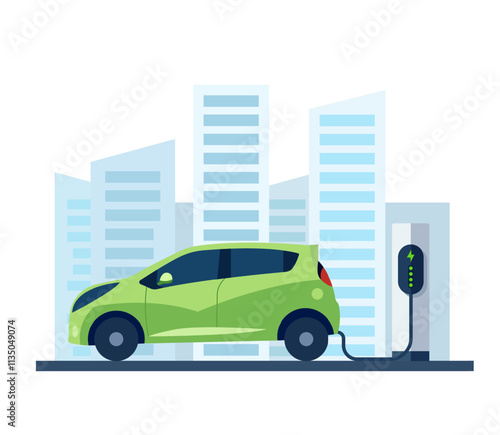 Electric Car connected to a charging station. Electric vehicle vector illustration.