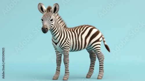 A Cute Baby Zebra Stands Against A Light Blue Background