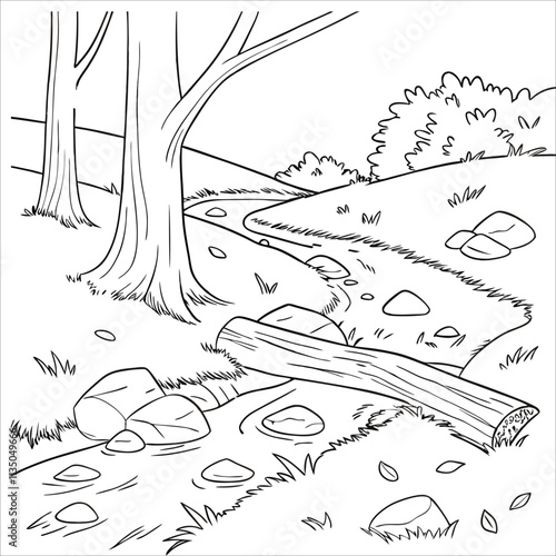 hand drawn sketch of log on river landscape sketch coloring page for kids and adults