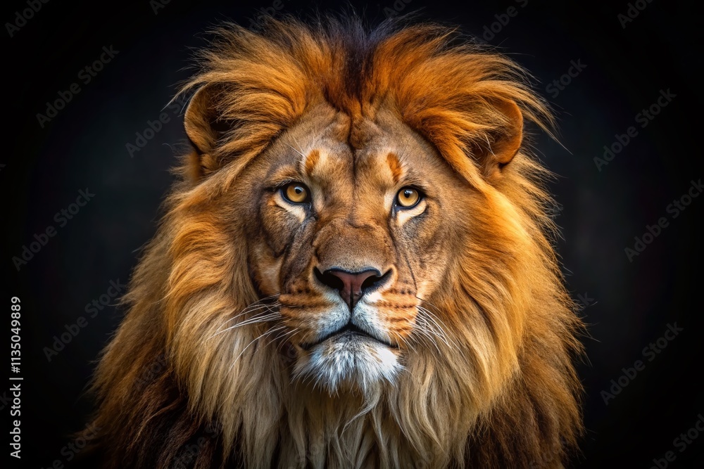 Fototapeta premium Majestic Lion Portrait in Darkness: Captivating Macro Photography Highlighting Regal Strength and Intense Expression of the King of the Jungle