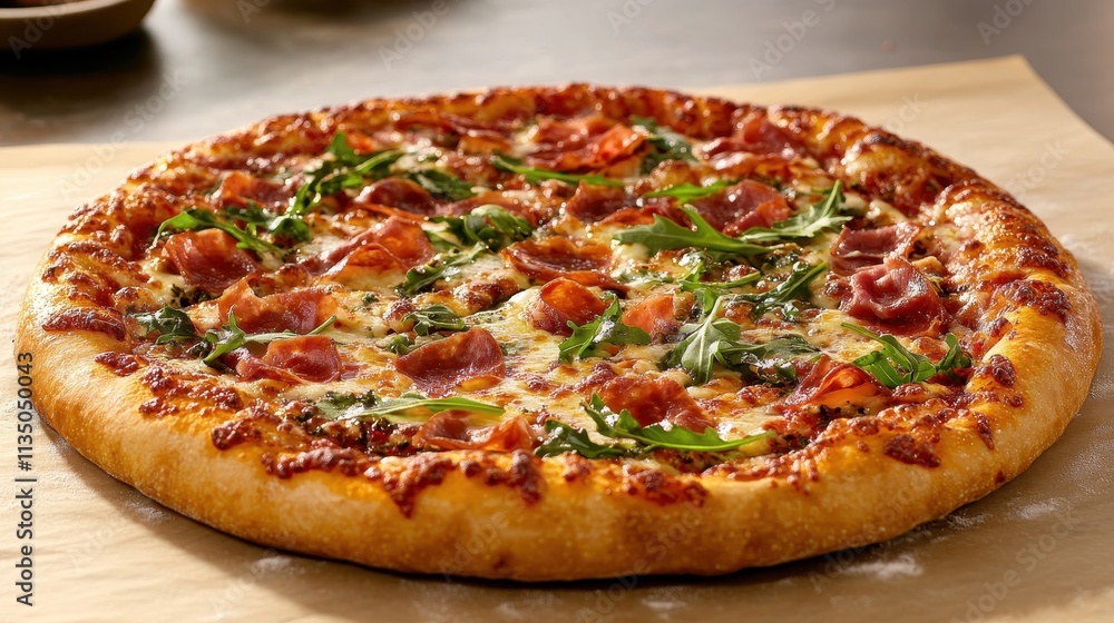 Freshly Baked Pizza with Toppings of Spinach, Ham, and Mozzarella Cheese on a Wooden Table in a Cozy Kitchen Setting Freshly Baked Pizza with Toppings of Spinach, Ham, and Mozzarella Cheese on a Wooden Table in a Cozy Kitchen Setting