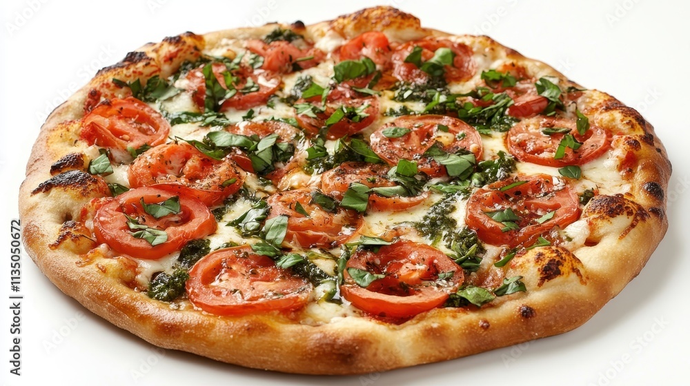 Delicious Freshly Baked Pizza Topped with Juicy Tomatoes, Melted Cheese, and Fresh Basil on a Crisp Crust Set Against a Clean White Background Delicious Freshly Baked Pizza Topped with Juicy Tomatoes, Melted Cheese, and Fresh Basil on a Crisp Crust Set Against a Clean White Background