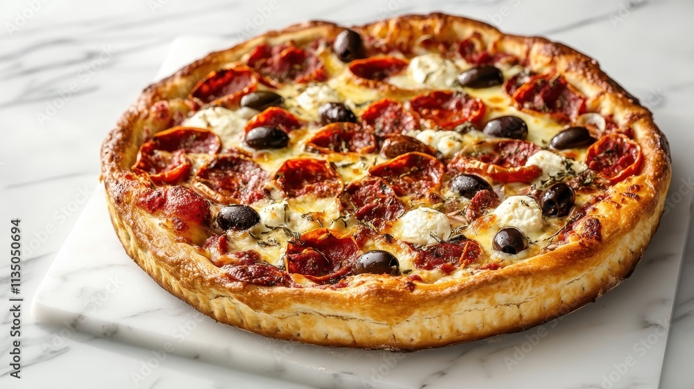 Deliciously Crafted Pizza Loaded with Pepperoni, Cheese, Black Olives, and Gourmet Toppings on a Flaky Crust Perfect for Sharing at Any Gathering or Celebration Deliciously Crafted Pizza Loaded with Pepperoni, Cheese, Black Olives, and Gourmet Toppings on a Flaky Crust Perfect for Sharing at Any Gathering or Celebration