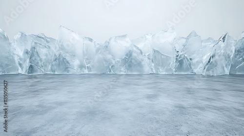 Abstract icy landscape;  jagged ice chunks on a grey floor against a white background.