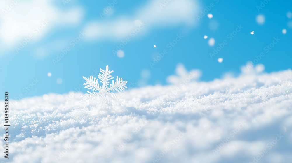 Snowflake delicately resting on fresh snow under blue sky Snowflake delicately resting on fresh snow under blue sky