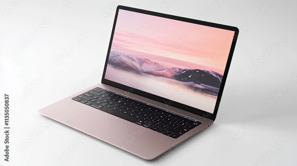 Rose Gold Laptop Displays Serene Mountain Landscape Rose Gold Laptop Displays Serene Mountain Landscape