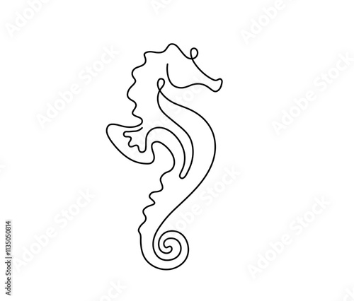 Vector isolated one single line seahorse  doodle tattoo sketch  colorless black and white contour line easy drawing