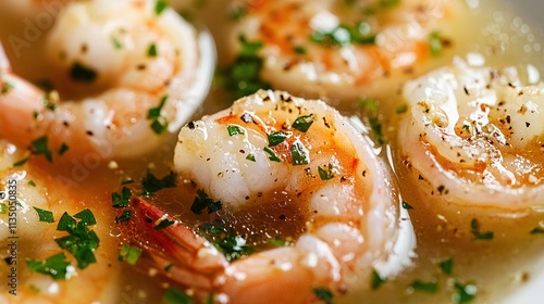  Close-up of chupe de camarones showing detailed textures of shrimp and vibrant broth. photo