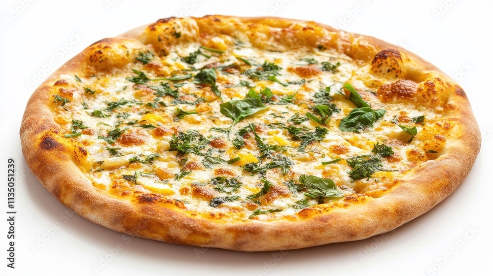 Freshly Baked Pizza Topped with Melted Cheese, Spinach, and Herbs on a Crispy Crust, Perfect for Delicious Meals and Culinary Creations