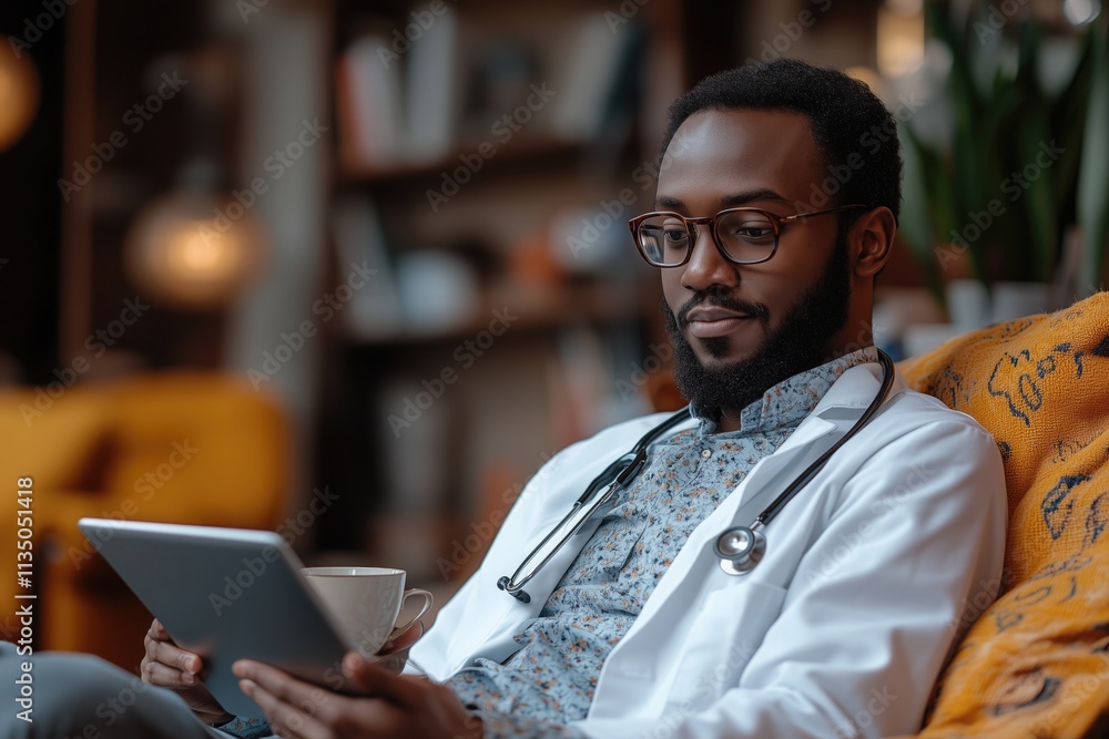 A doctor taking a break in a comfortable office lounge area, sipping tea while reviewing a patien A doctor taking a break in a comfortable office lounge area, sipping tea while reviewing a patien