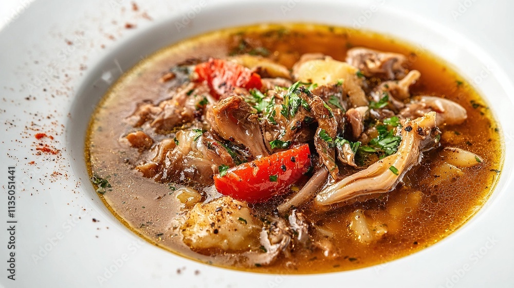 Close-up of ciorbă de burtă showing tender tripe and vibrant garnishes. Close-up of ciorbă de burtă showing tender tripe and vibrant garnishes.