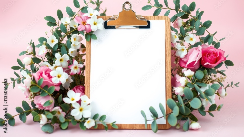 Blank Clipboard Surrounded by Delicate Pink and White Flowers with Green Foliage on a Pink Background Blank Clipboard Surrounded by Delicate Pink and White Flowers with Green Foliage on a Pink Background