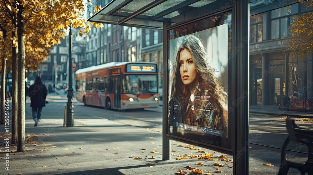 Autumnal Cityscape Featuring a Bus Stop Advertisement Autumnal Cityscape Featuring a Bus Stop Advertisement
