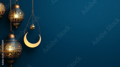 A cultural and festive scene for Eid al-Fitr with lanterns, crescent moons, and festive decorations against a deep blue background photo