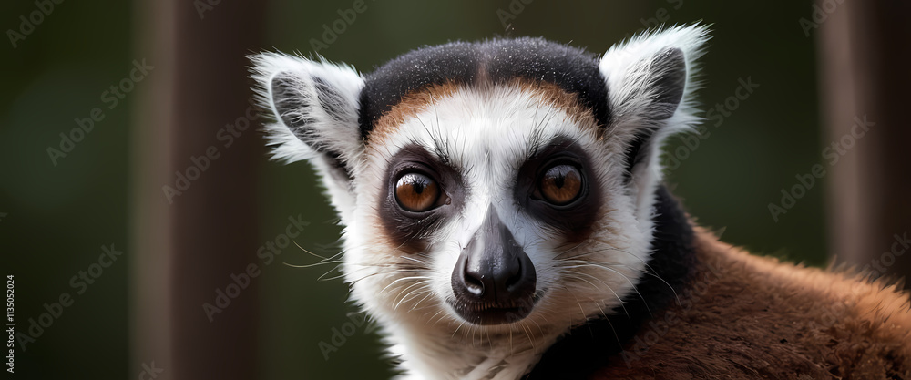 Obraz premium Curious Ring-tailed Lemur: A captivating close-up portrait of a ring-tailed lemur with its iconic black and white striped tail, large, inquisitive eyes, and distinctive black 