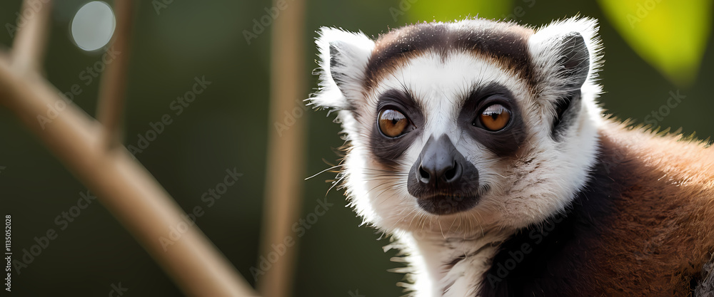 Obraz premium Curious Ring-Tailed Lemur Portrait: A ring-tailed lemur with striking black and white markings gazes directly at the camera with large, expressive eyes.