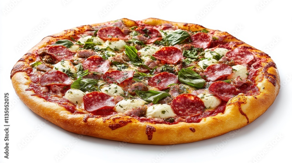Freshly Baked Pepperoni Pizza with Melted Cheese and Basil on a Thin Crust Set Against a Clean White Background for Culinary and Food Photography Freshly Baked Pepperoni Pizza with Melted Cheese and Basil on a Thin Crust Set Against a Clean White Background for Culinary and Food Photography