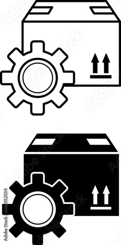 Logistics Management Icons. Black and White Vector Illustration. Cargo Box and Gear. Delivery Service