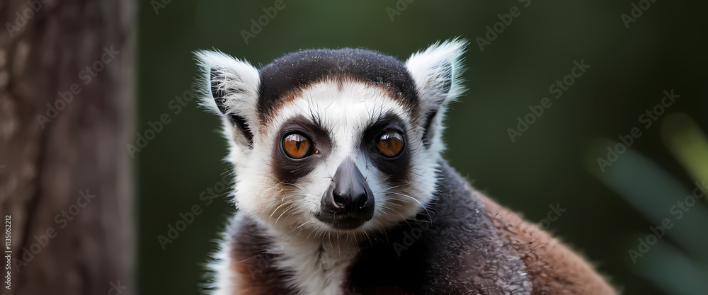 Obraz premium Curious Ring-tailed Lemur: A ring-tailed lemur with striking black and white markings and piercing amber eyes stares directly at the camera, capturing its inquisitive nature and undeniable charm.