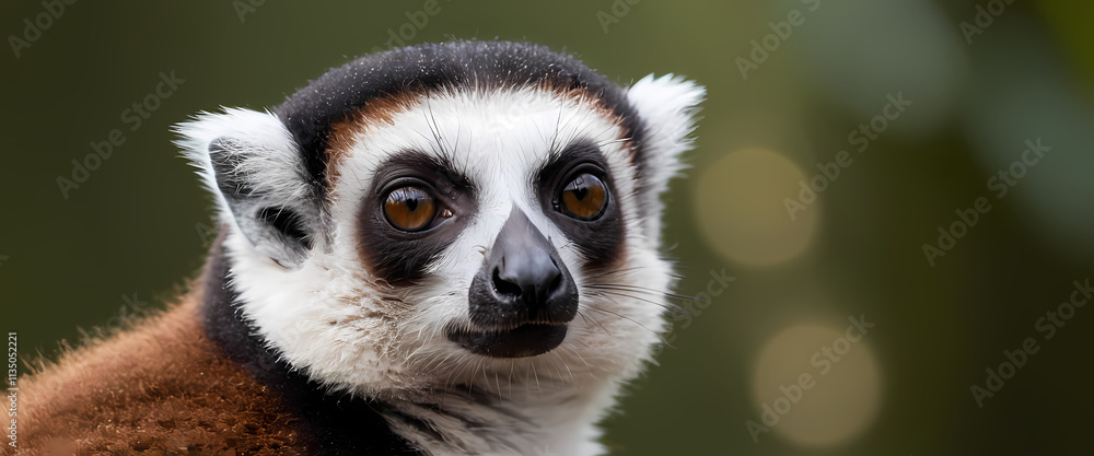 Obraz premium Crown Lemur Portrait: Close-up portrait of a crown lemur, showcasing its distinctive black and white markings, expressive amber eyes, and soft fur.