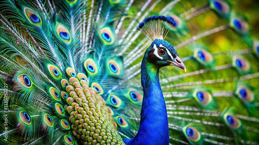 Obraz premium Majestic Peacock Displaying Its Vibrant Loose Tail in Striking Blue and Green Hues Amidst a Dreamy Long Exposure Background
