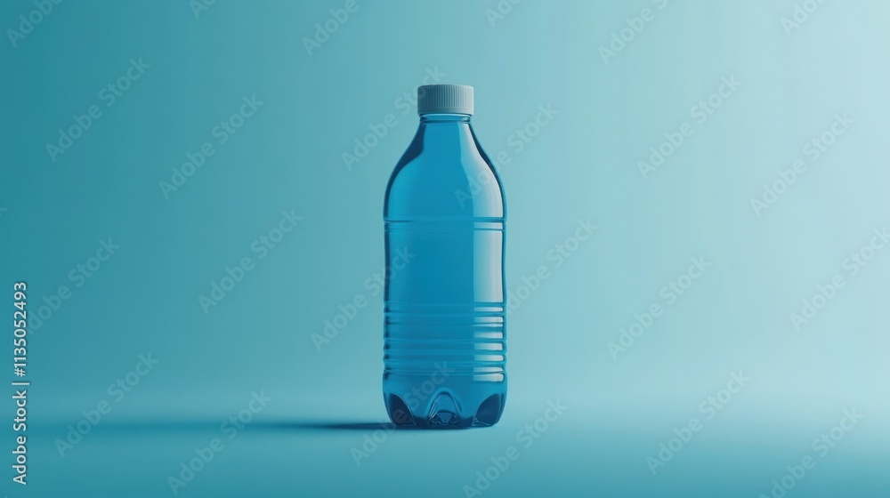 A single blue plastic water bottle stands on a blue background A single blue plastic water bottle stands on a blue background