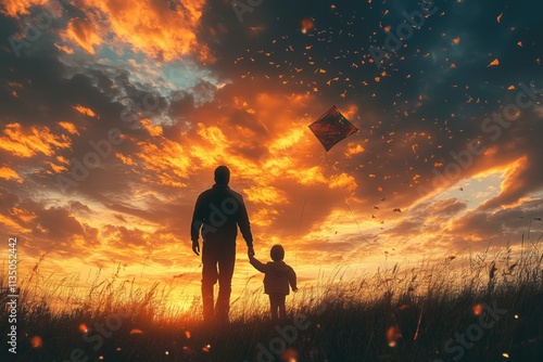 A father and child flying a kite on a grassy hill with a colorful sky and joyful expressions