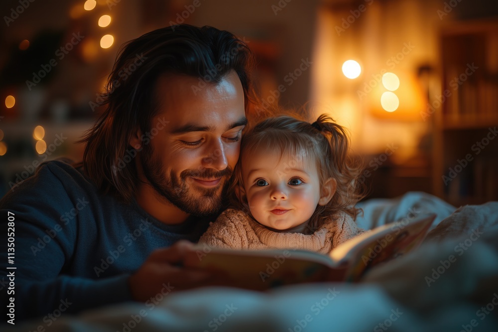 A father and child sharing a bedtime story under the glow of a bedside lamp, smiles and wonder on their faces A father and child sharing a bedtime story under the glow of a bedside lamp, smiles and wonder on their faces