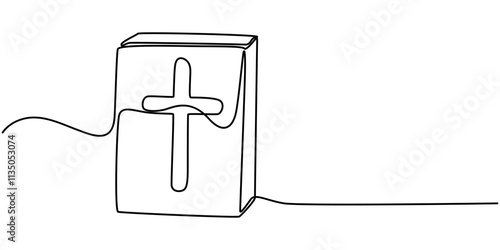 Continuous one line drawing of the Bible. Single line drawing of the holy book. Vector illustration, Continuous one line drawing silhouette of Bible and candle. Bible linear icon. One line drawing.