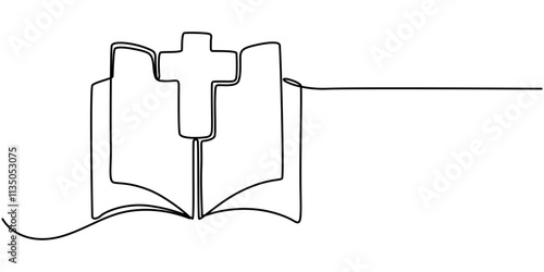 Continuous one line drawing of the Bible. Single line drawing of the holy book. Vector illustration, Continuous one line drawing silhouette of Bible and candle. Bible linear icon. One line drawing.