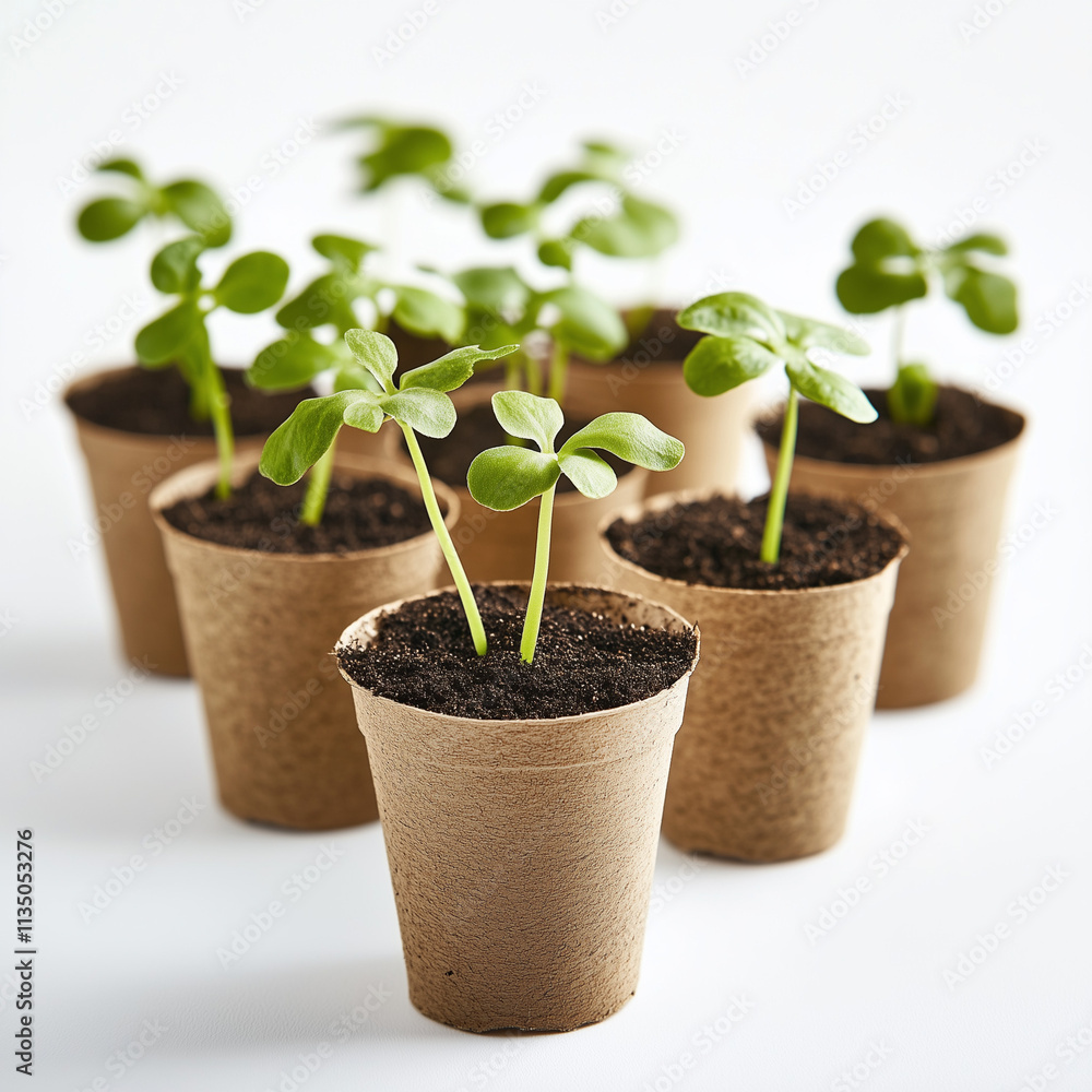 Green seedlings growing in biodegradable pots on white background. Green seedlings growing in biodegradable pots on white background.