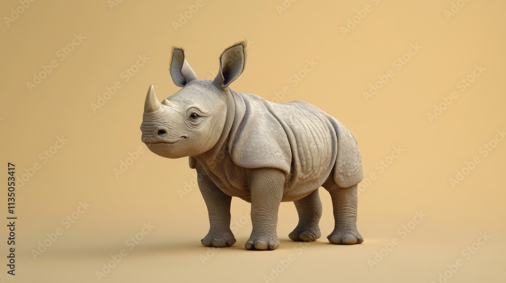 Young Rhinoceros Stands Against A Tan Background Young Rhinoceros Stands Against A Tan Background