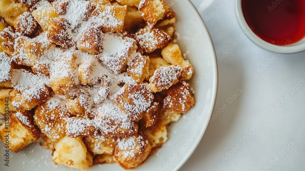 Kaiserschmarrn topped with powdered sugar and syrup. Kaiserschmarrn topped with powdered sugar and syrup.