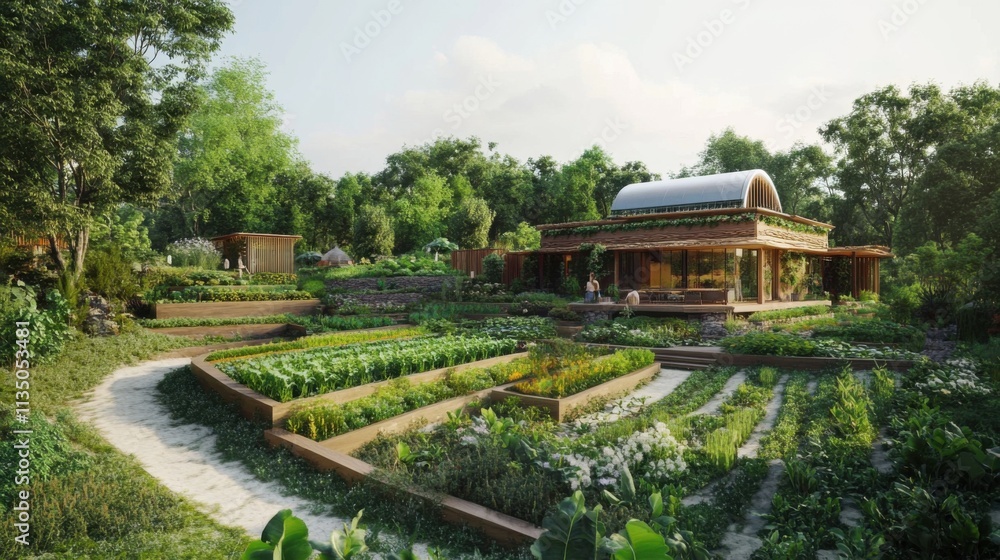 Obraz premium Organic farm with raised beds and permaculture techniques