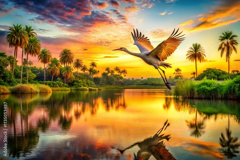 Fototapeta premium Majestic Sand Hill Crane in Flight Over a Serene Tropical Lake at Sunset, Capturing the Beauty of Nature and Wildlife in Perfect Harmony with Vibrant Reflections