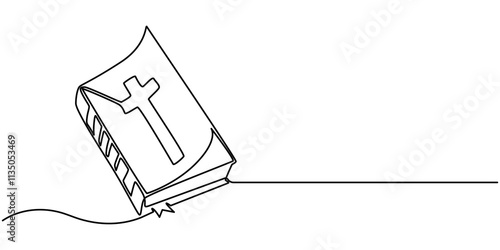 Continuous one line drawing of the Bible. Single line drawing of the holy book. Vector illustration, Continuous one line drawing silhouette of Bible and candle. Bible linear icon. One line drawing.